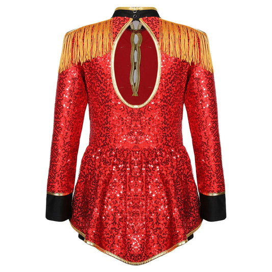 Moggemol Girls Sequin Ringmaster Bodysuit Long Sleeve Circus Costume