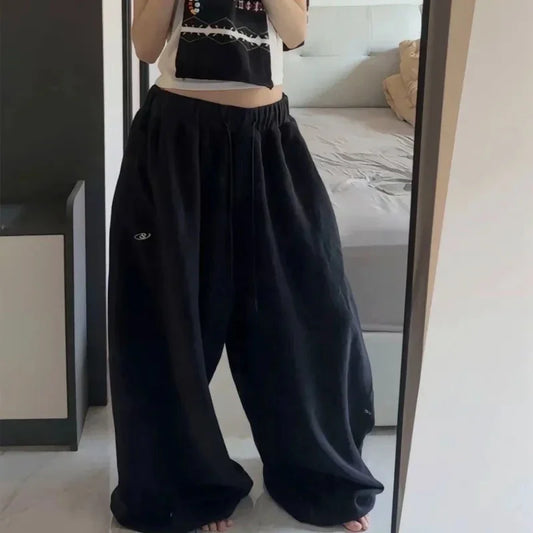 BiggOrange Women's High-Waist Oversized Hip-Hop Sweatpants, Black Wide-Leg