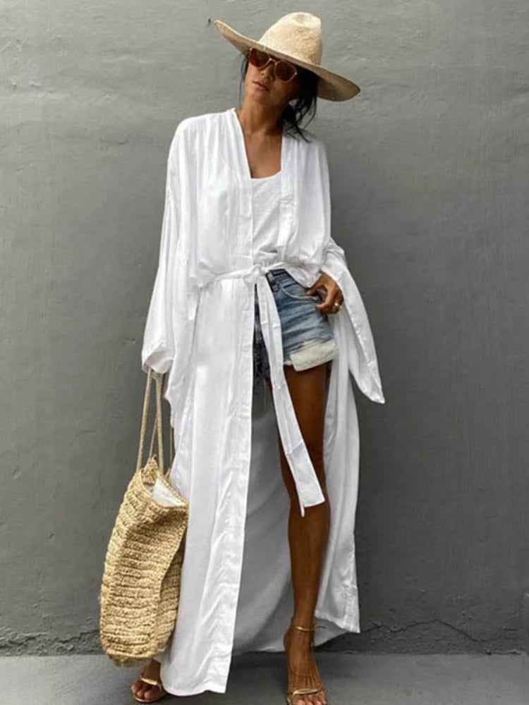 Solid Beach Cover Up Women Self Belted Wrap Kimono Dress Swimsuit 2025 New Robe Summer Beachwear Factory Supply