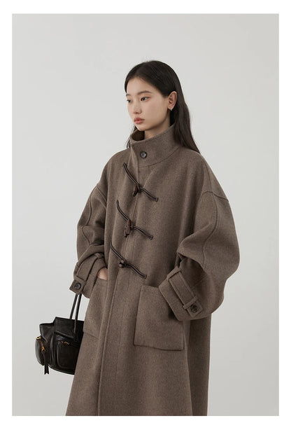 CHIC VEN Women Long Woolen Coats Single Breasted Loose Stand Collar Cow Horn Buttoned Office Ladies Overcoat Autumn Winter 2026