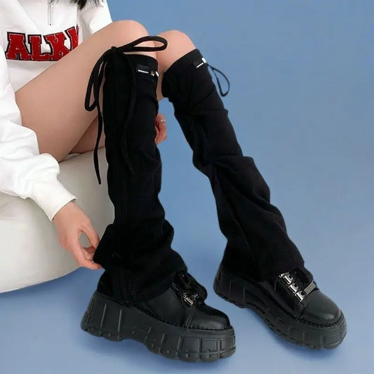 SS69 Y2K Knit Flare Leg Warmers with Adjustable Drawstring Strap, Grey