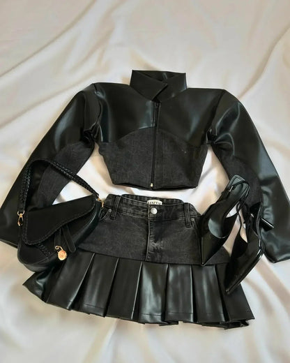 Fashion Trendy Leather Suit Twopiece Set Women Y2k Harajuku Gothic Heart Shaped Short Jacket Denim Splicing Sexy Miniskirt Suit SS69 52.69 Two piece set1 / S