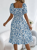 Summer Women's Beach Dress Floral 3D Print Square Neck Short-Sleeved Ladies Waist Ruffled A-Line Dress For Women Holiday Dresses