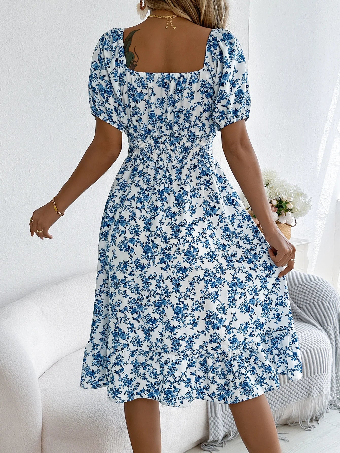 Summer Women's Beach Dress Floral 3D Print Square Neck Short-Sleeved Ladies Waist Ruffled A-Line Dress For Women Holiday Dresses