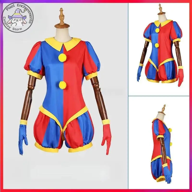 Pomni cosplay costume from The Amazing Digital Circus, featuring a red and blue jester uniform set.