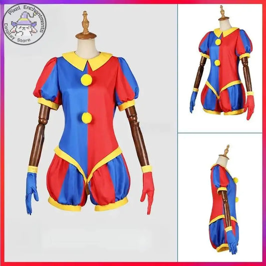 Pomni cosplay costume from The Amazing Digital Circus, featuring a red and blue jester uniform set.