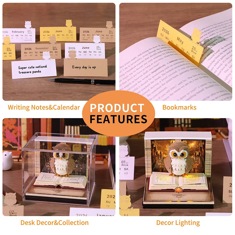 ANENG 2026 3D Desk Calendar Time Piece with LED Light Paper Carving Memo Pad