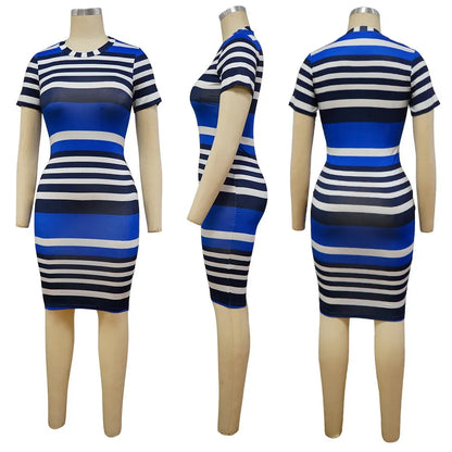 Summer New Women O-Neck Short Sleeve Leaf Striped Print Bodycon Knee Length Dress Sexy Partynight Club Dress SS69