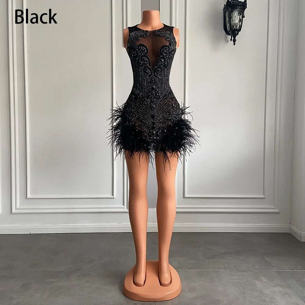 Stunning Sparkly Luxury Diamond Women Birthday Party Cocktail Gowns Sexy Sheer Pink Feather Mini Short Prom Dresses 2025 SS69