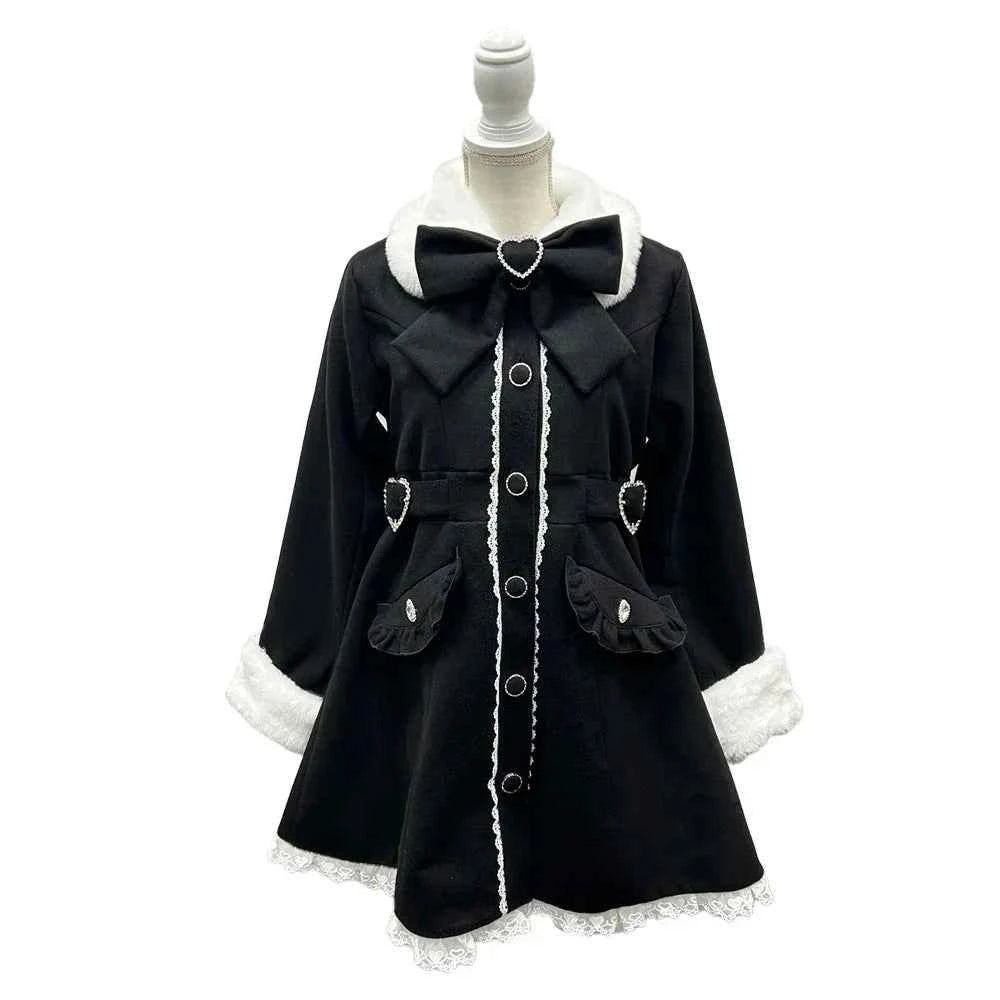 Japanese Sweet Winter Woolen Coat Lolita Style Cute Big Bow Fungus Edge Long Sleeve Slim Kawaii Girls Women Elegant Overcoat