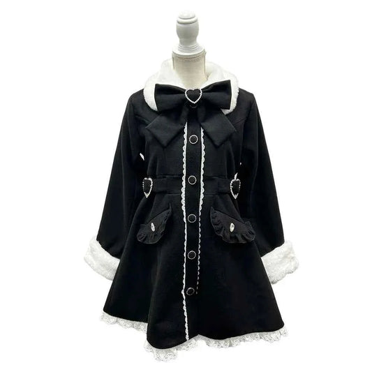 Japanese Sweet Winter Woolen Coat Lolita Style Cute Big Bow Fungus Edge Long Sleeve Slim Kawaii Girls Women Elegant Overcoat