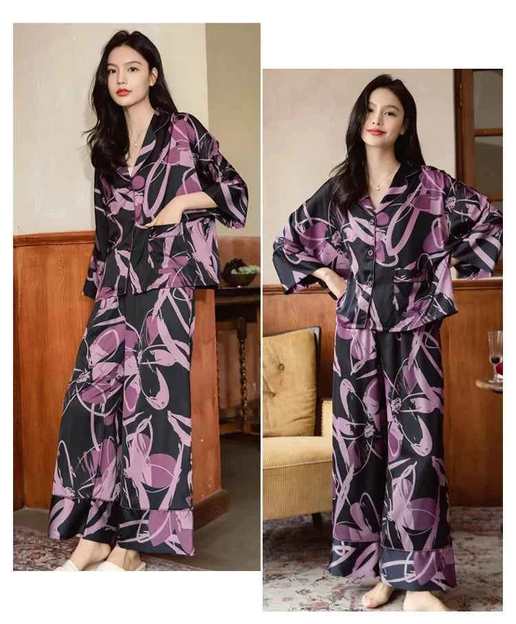 Premium Women's Ice Silk Pajama Set Lightweight Long Sleeve Loungewear Fashionable Silk Design Luxurious Comfort for Homewear