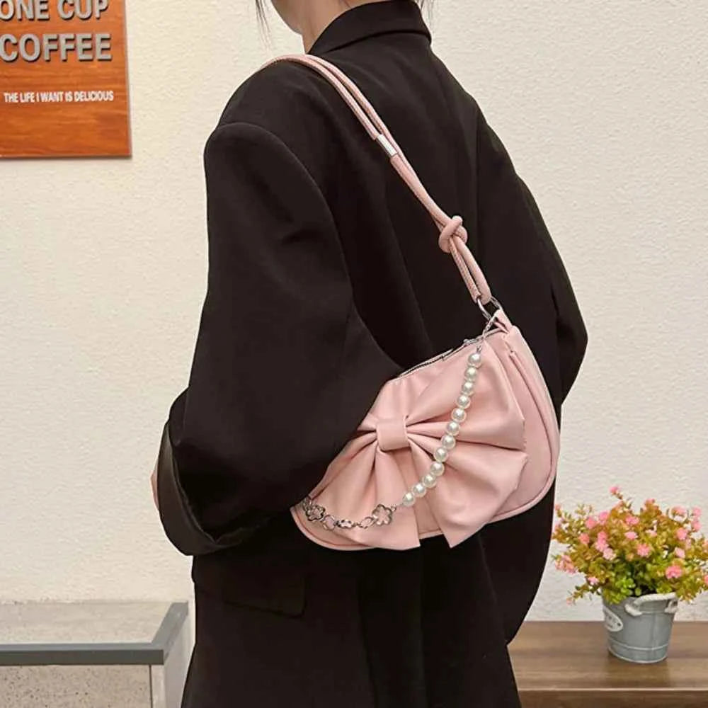 Trendy Pearl Bow Shoulder Bag Underarm Bag Daily Commuting Bag Casual Handbag Solid Business Women's Bag
