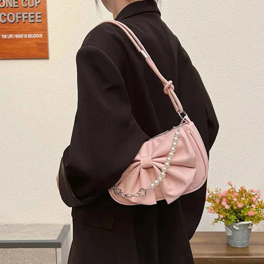 Trendy Pearl Bow Shoulder Bag Underarm Bag Daily Commuting Bag Casual Handbag Solid Business Women's Bag