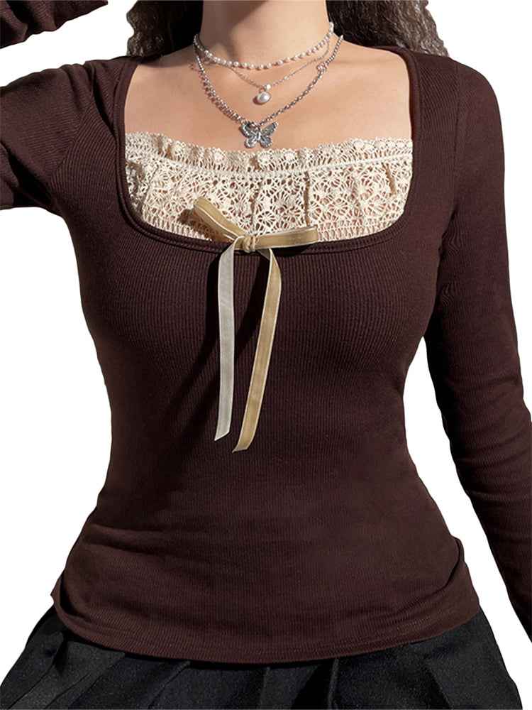 Y2k Women's Long Sleeve Knitted Tops Lace Stitching Neckline Knitwear Bowknot Decoration Slim-Fit Tshirt Pullovers Clubwear