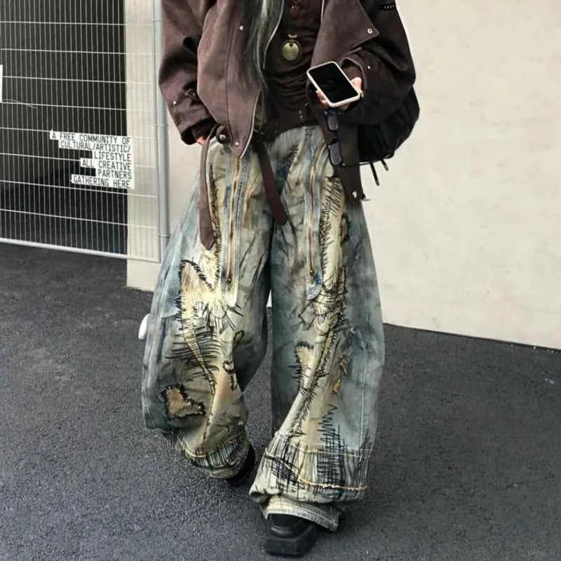 American Street Destruction Style Embroidered Denim Pants Oversized Retro Wash Personality Fashion Loose Casual Wide Leg Jeans