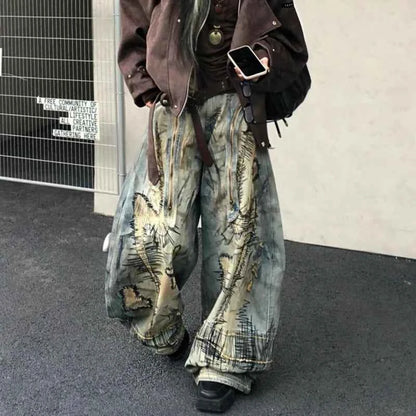 American Street Destruction Style Embroidered Denim Pants Oversized Retro Wash Personality Fashion Loose Casual Wide Leg Jeans