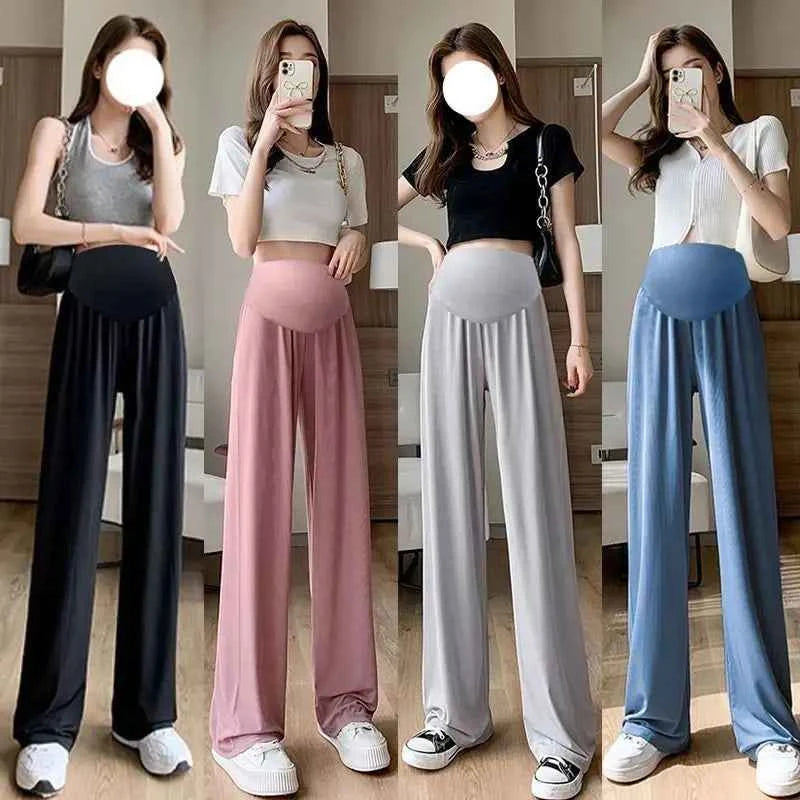 Summer Women's Maternity with Pockets Large Size Maternity Trousers Outside Wearing Thin Section of Ice Silk Draped Wide-Legged