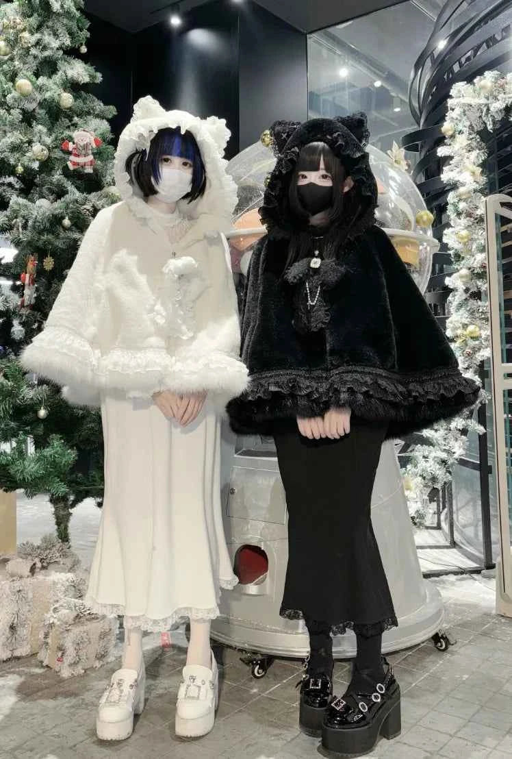 Japanese Mine Lace Splicing Cute Bow Lolita Shawl Jacket Autumn and Winter New Sweet Girl Loose Warm Plush Cape Coat Women