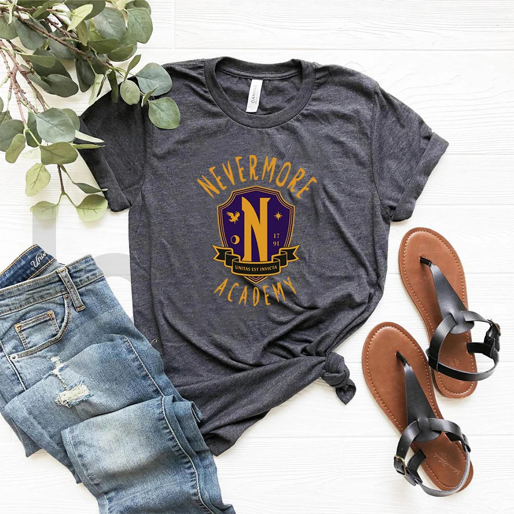TV Series Addams Wednesday Family T-shirt Nevermore Academy Shirt Wednesday Addams Jenna Ortega Shirt Cool Goth Short Sleeve Tee SS69 24.69 Dark Grey / XXXL