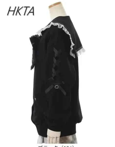 Mine Series Japanese Embroidery Bow Sail Collar Black Long Sweatshirt Coat Women Hoodie Lolita Sweet Girls Pink Hoodies Jacket