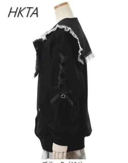 Mine Series Japanese Embroidery Bow Sail Collar Black Long Sweatshirt Coat Women Hoodie Lolita Sweet Girls Pink Hoodies Jacket