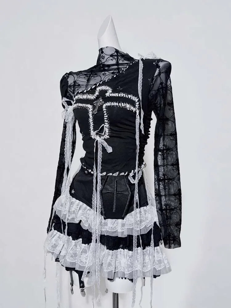 Original Design Punk Rock Cross Patch Long Sleeve Slash Tshirt Gothic Women Subculture Lace Ruffled Holloween Tee Tops Clothing SS69