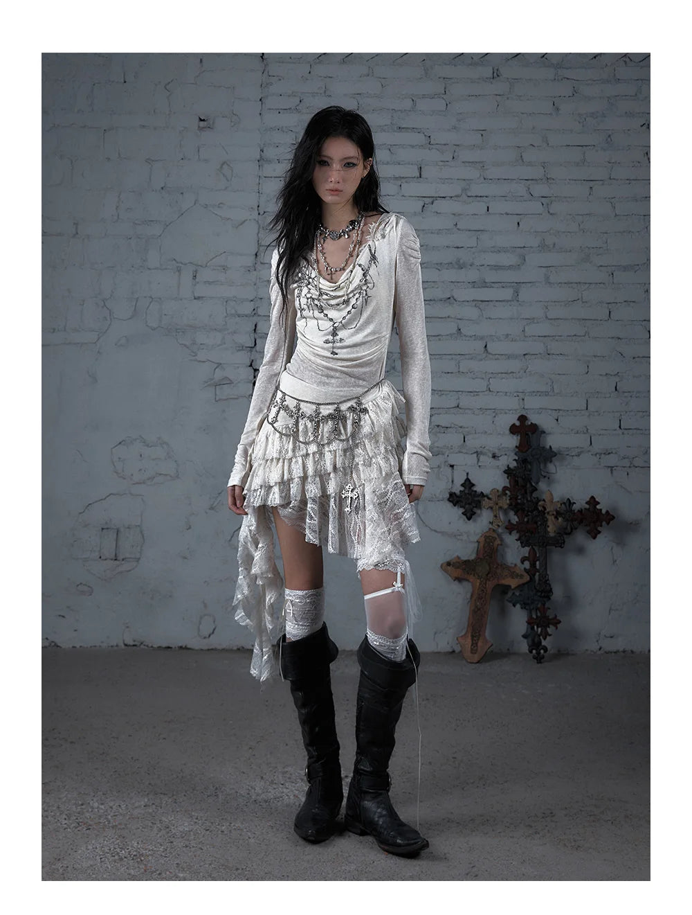 NO ROMANCE Fairy Sexy Punk Printing Half Transparent Lace Patch Knitted Long Sleeve Hooded Dresses Rock Gothic Design Vestidos SS69