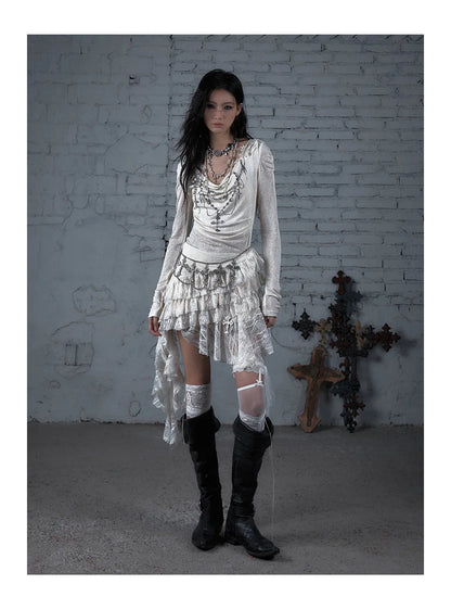 NO ROMANCE Fairy Sexy Punk Printing Half Transparent Lace Patch Knitted Long Sleeve Hooded Dresses Rock Gothic Design Vestidos SS69
