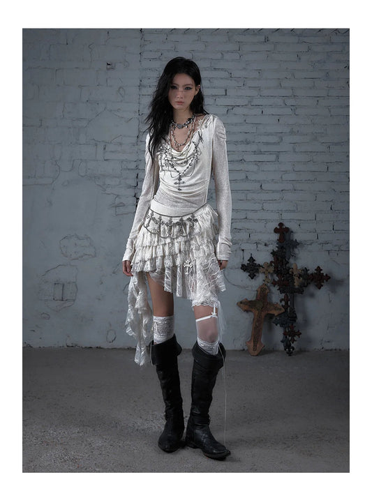 NO ROMANCE Fairy Sexy Punk Printing Half Transparent Lace Patch Knitted Long Sleeve Hooded Dresses Rock Gothic Design Vestidos SS69