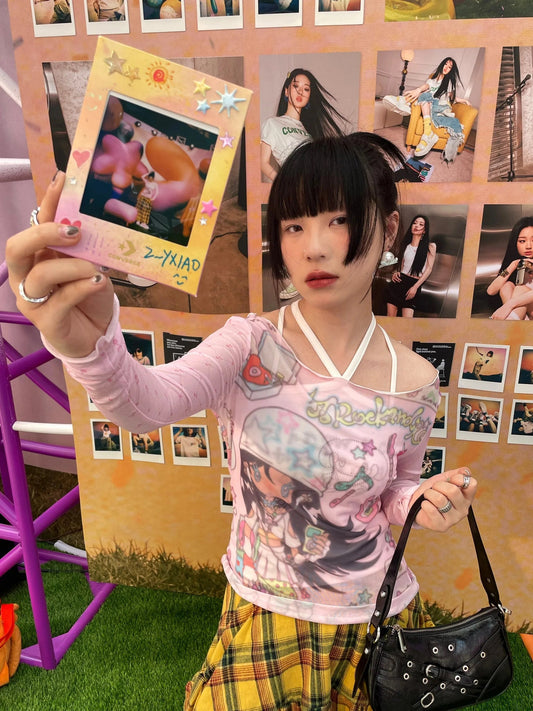 Karrram Japanese Y2k Anime Print Mesh Tops 2000s Aesthetics Pink Sheer Top Vintage Harajuku Kawaii See Through T-shirt Lolita SS69