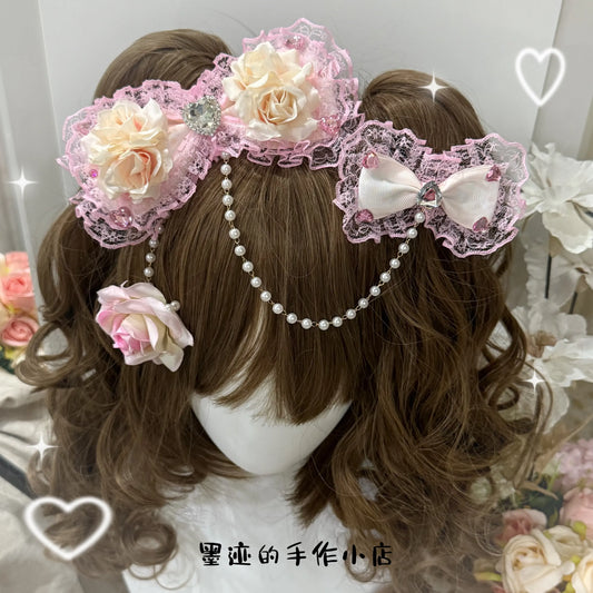 SS69 Lolita Lace Bow Hairpin with Pearl Chain and Floral Accents
