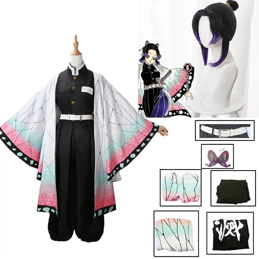 Kochou Shinobu Anime Cosplay Costume Set with Uniform and Haori for Adults