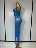 Luxury Rhinestones Sexy Mesh See Through Bodycon Dress Women Birthday Evening Cocktail party Gown Red Carpet Club Stage Outfit