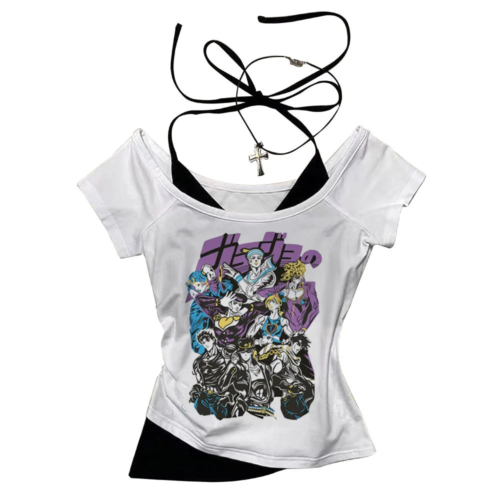 Jojo Bizarre Adventure crop top Aesthetic babydoll Streetwear shoujo girl style Fairy vintage  cropped harajuku woman t-shirt