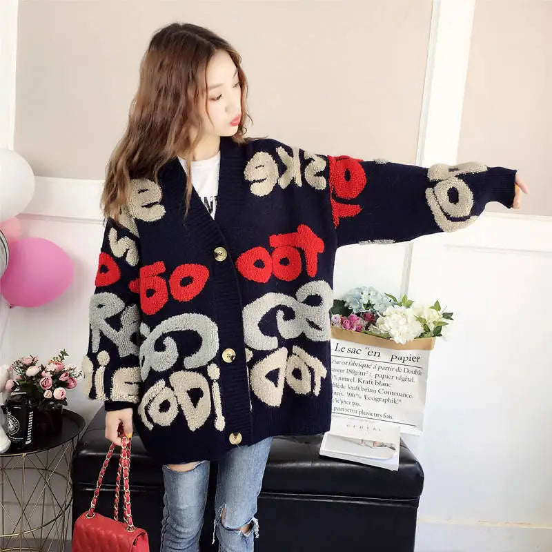 Women's Loose Knit Cardigan Sweater - V-Neck Button Front