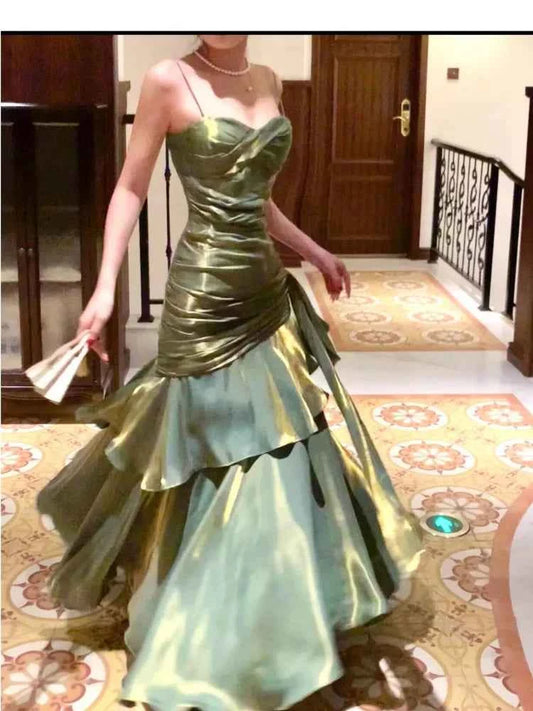 Women Summer New Elegant Ruffled Maxi Dress Light Luxury Bodycon Sling Fishtail Dresses Vintage Party Gown Prom and Events