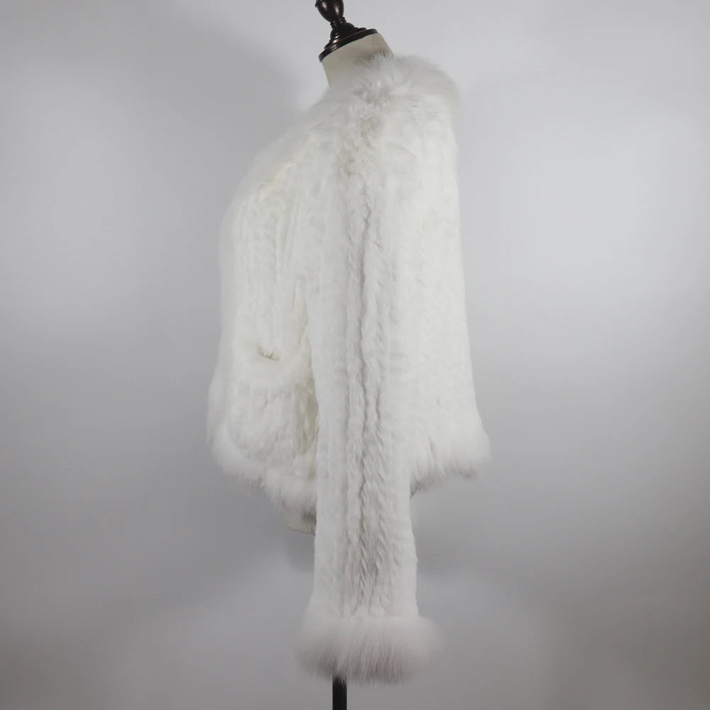 New Women Autumn Winter Knitted Real Rabbit Fur Coat 100% Natural Rabbit Fur Jacket With Fox Fur Collar Overcoat For Female