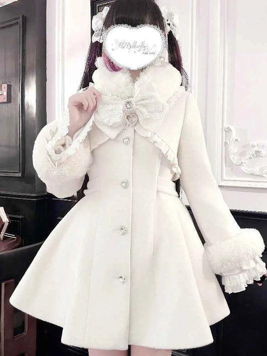 Japanese Mass-Produced Long Wool Collar Coat 20% Wool Waist-Cinching Sweet Girl Long Sleeve Slim Fit Elegant Lolita Woolen Coat