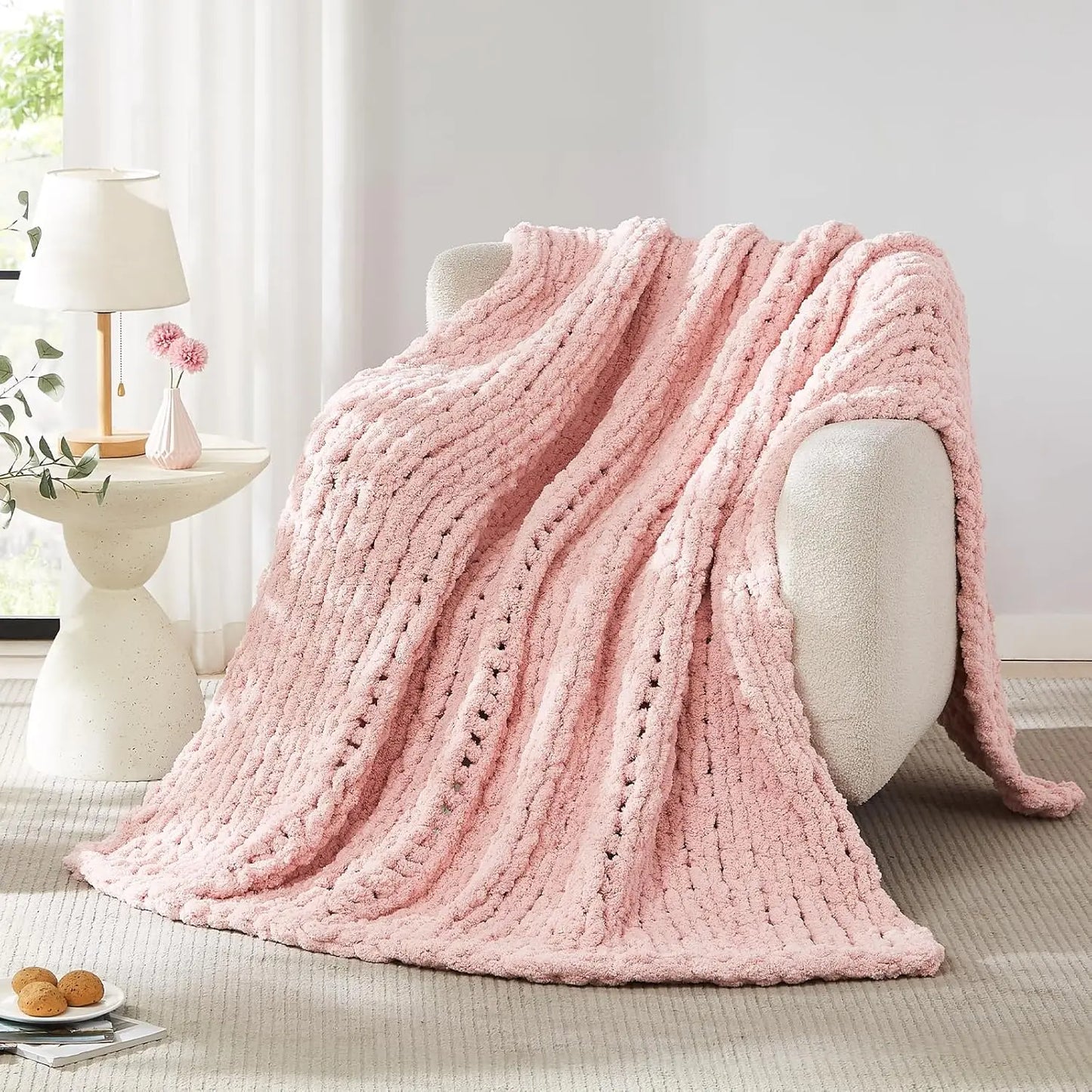 Chunky Knit Blanket Throw Chenille Chunky Knitted Throw Blanket for Bed Couch Handmade Thick Big Cable Knit Blanket