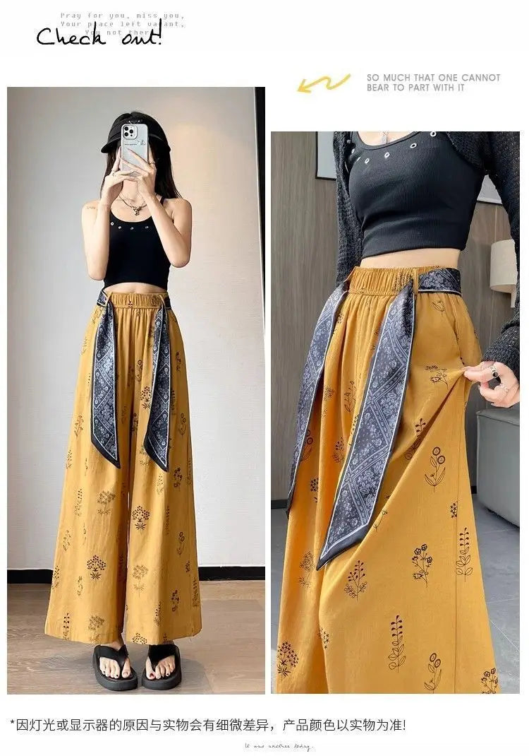 Women's Floral Print Wide Leg Pants - High Waist Casual Trousers
