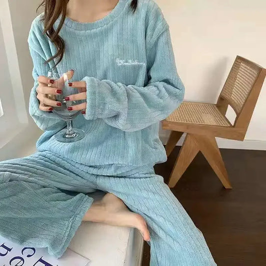 Women Coral Fleece Pajamas Set Winter Flannel Homewear Outfit Loungewear Sleepwear Cozy Warm House Dress Casual Wear