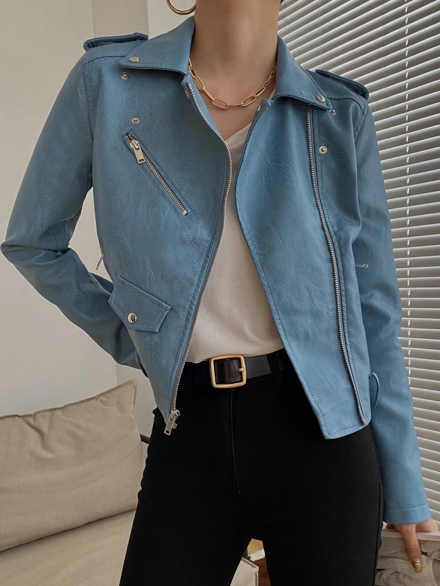 Women's PU Leather Motorcycle Jacket - Slim Fit, Turn-Down Collar