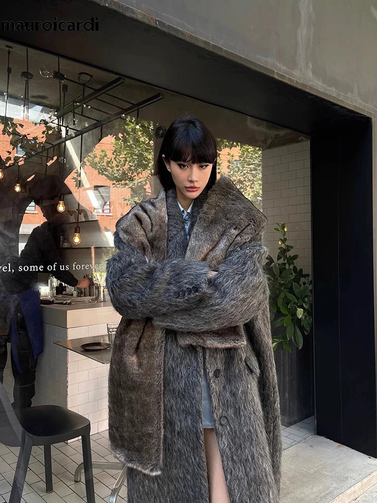 Mauroicardi Autumn Winter Oversized Extra Long Warm Thick Gray Wool & Blends Coat Women Loose Casual Fluffy Korean Fashion 2024