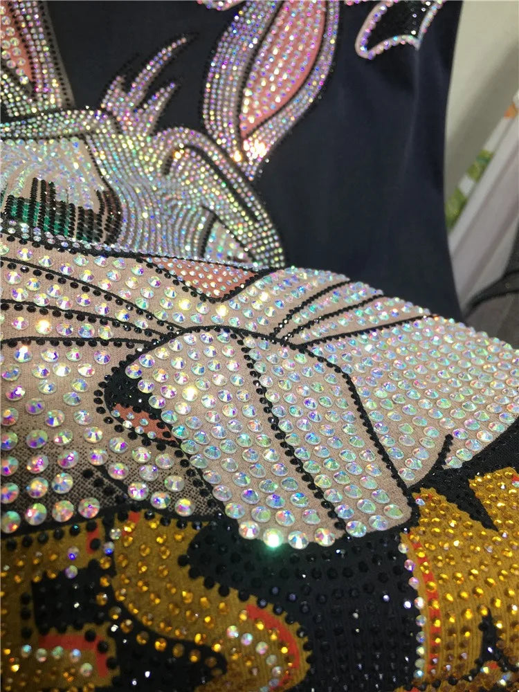 Oversized top Rhinestone diamond o-neck peony print rabbit fashion women's short-sleeved T-shirt SS69