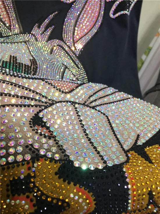 Oversized top Rhinestone diamond o-neck peony print rabbit fashion women's short-sleeved T-shirt SS69