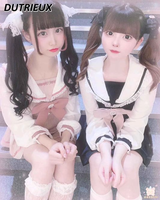 Japanese Style Women's Outfits Sailor Collar Plaid Rhinestone Bow Dress Shorts Set Sweet Lolita Mine Series Dress Two-Piece Suit