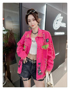 Women Graffiti Printed Rivets Denim Jacket Loose Holes Diamonds Jeans Coat Sequined Cowboy Ripped Streetwear Cardigan Ins Tops SS69