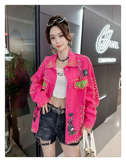 Women Graffiti Printed Rivets Denim Jacket Loose Holes Diamonds Jeans Coat Sequined Cowboy Ripped Streetwear Cardigan Ins Tops SS69