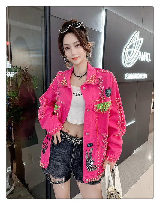 Women Graffiti Printed Rivets Denim Jacket Loose Holes Diamonds Jeans Coat Sequined Cowboy Ripped Streetwear Cardigan Ins Tops SS69
